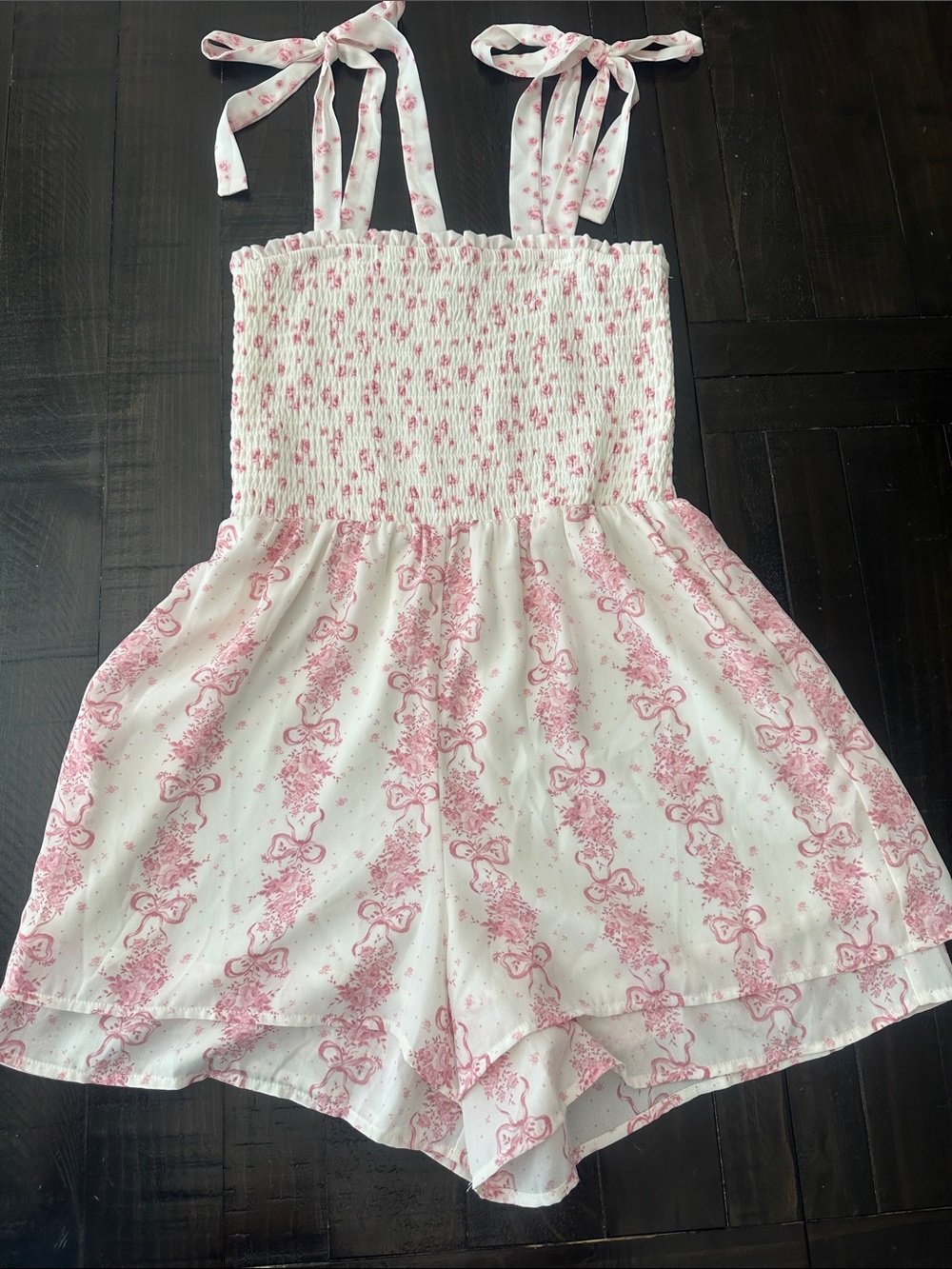 Francesca's Collections White and Pink Smocked Tie-Shoulder Romper